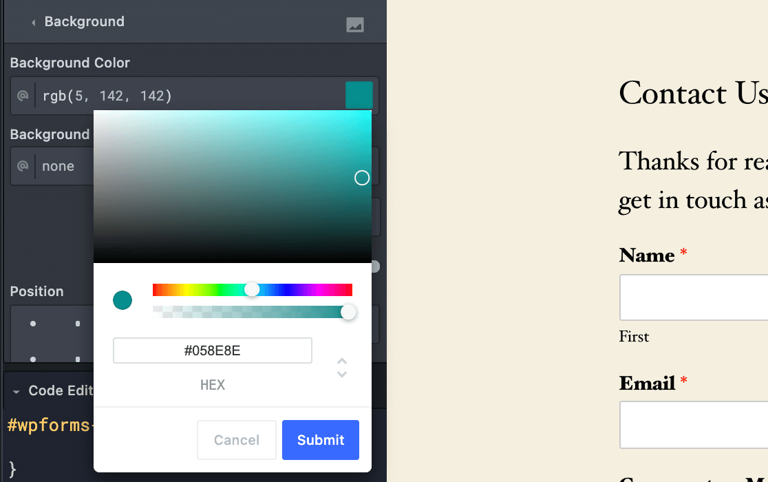 Using the CSS Hero color picker to set a background color for a Submit button