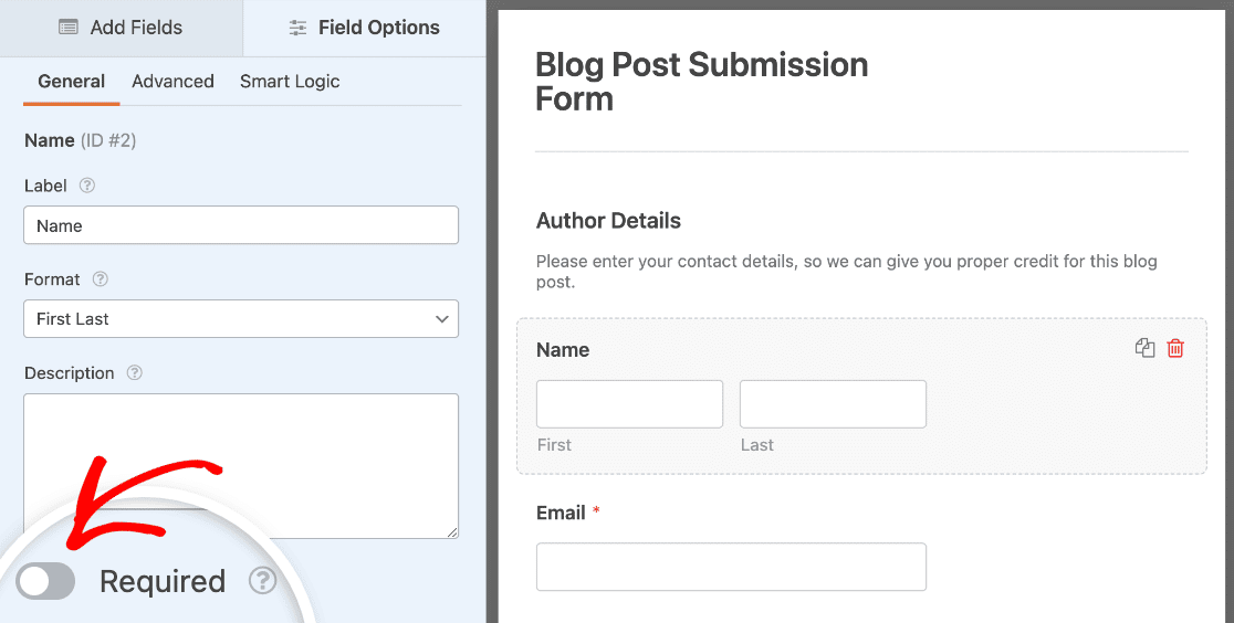 Turning off the Required setting for the Name field in a blog post submission form