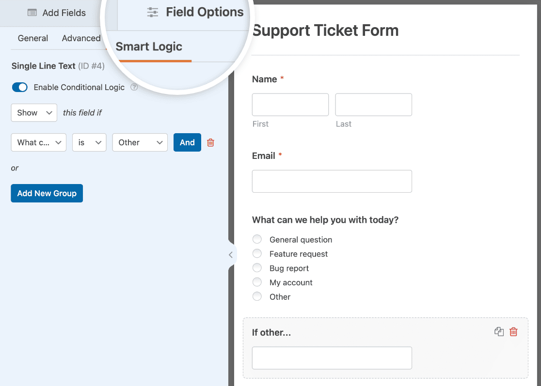 Setting up conditional logic for a field in a support ticket form