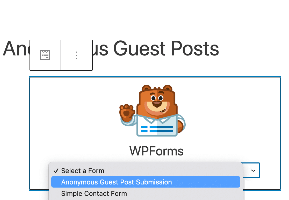 Selecting your anonymous guest post form in the WPForms block