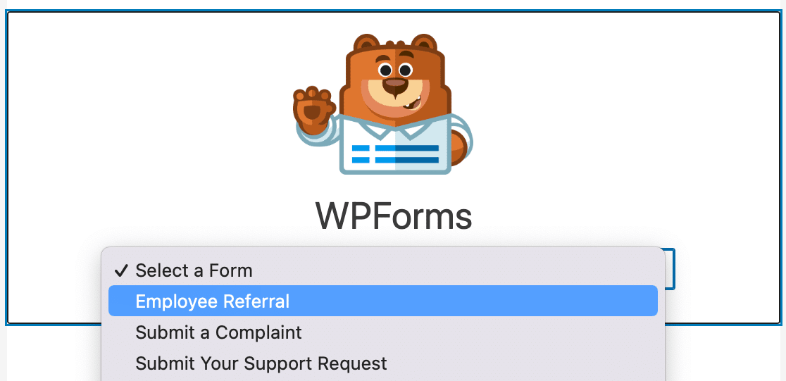 Selecting your employee referral form from the WPForms block