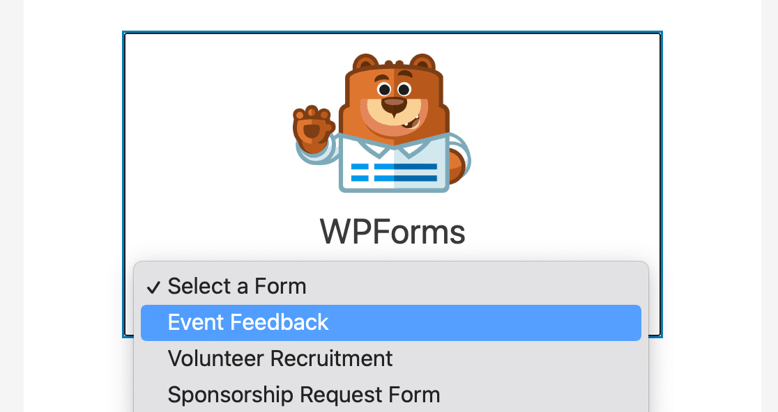 Selecting your event feedback form from the WPForms block