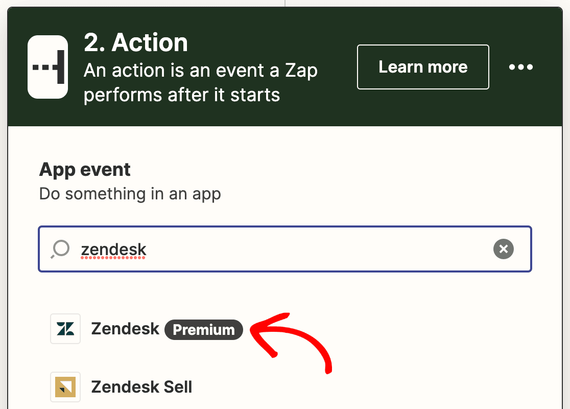 Choosing Zendesk as the action app in Zapier