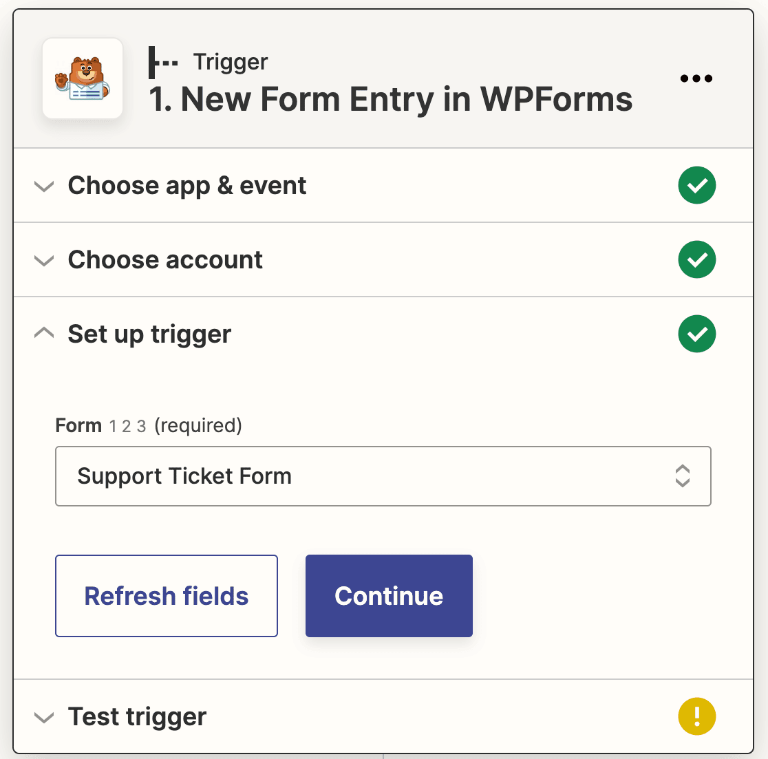 Choosing your support ticket form in the Zapier wizard