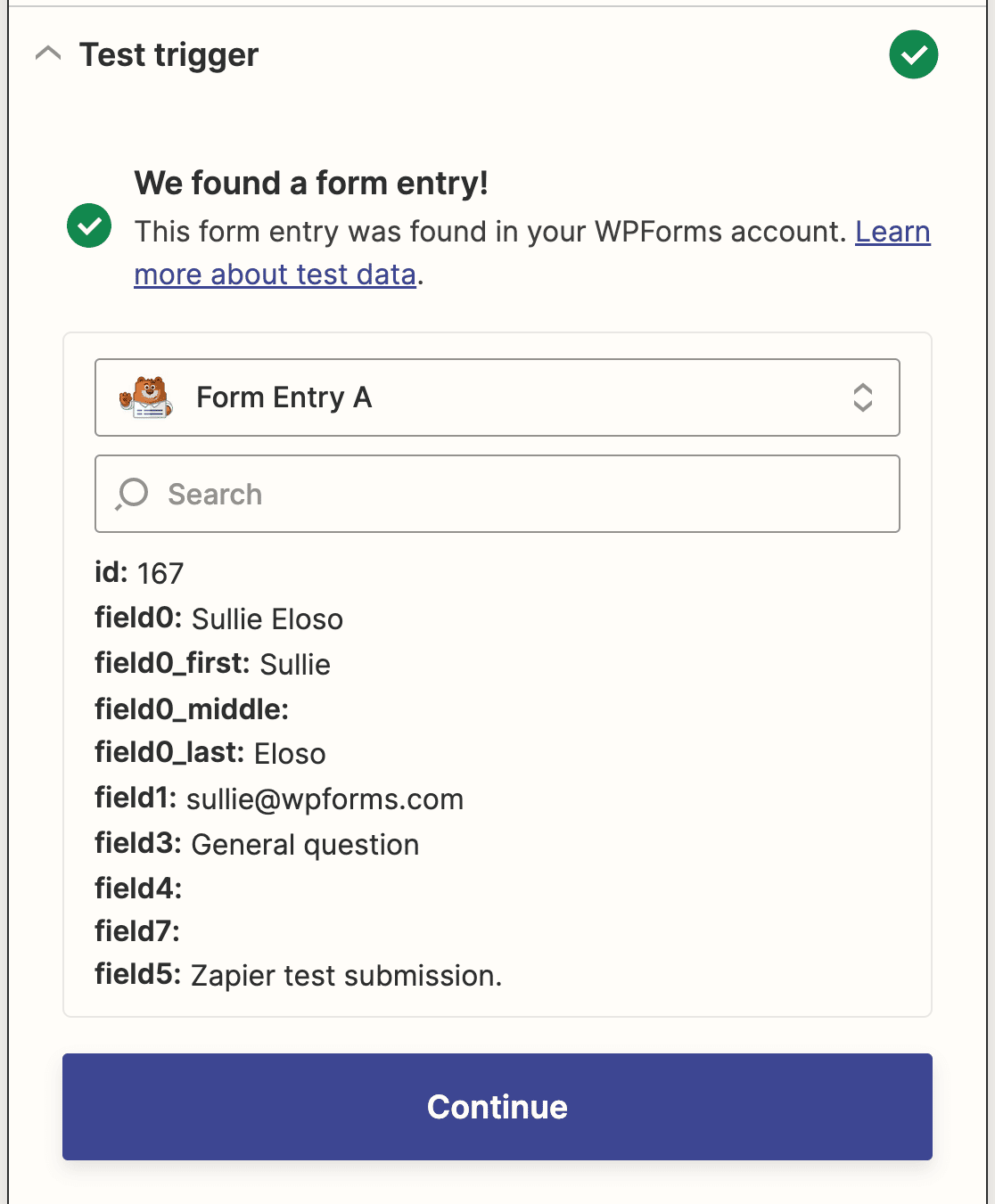A Zapier trigger test for a support ticket form