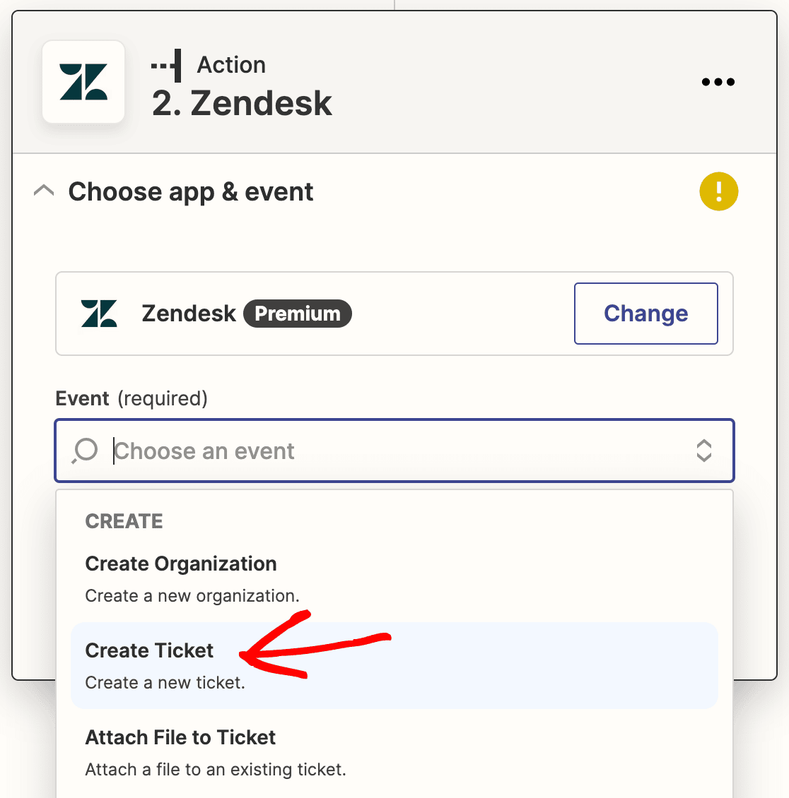 Selecting Create Ticket as the action in Zapier