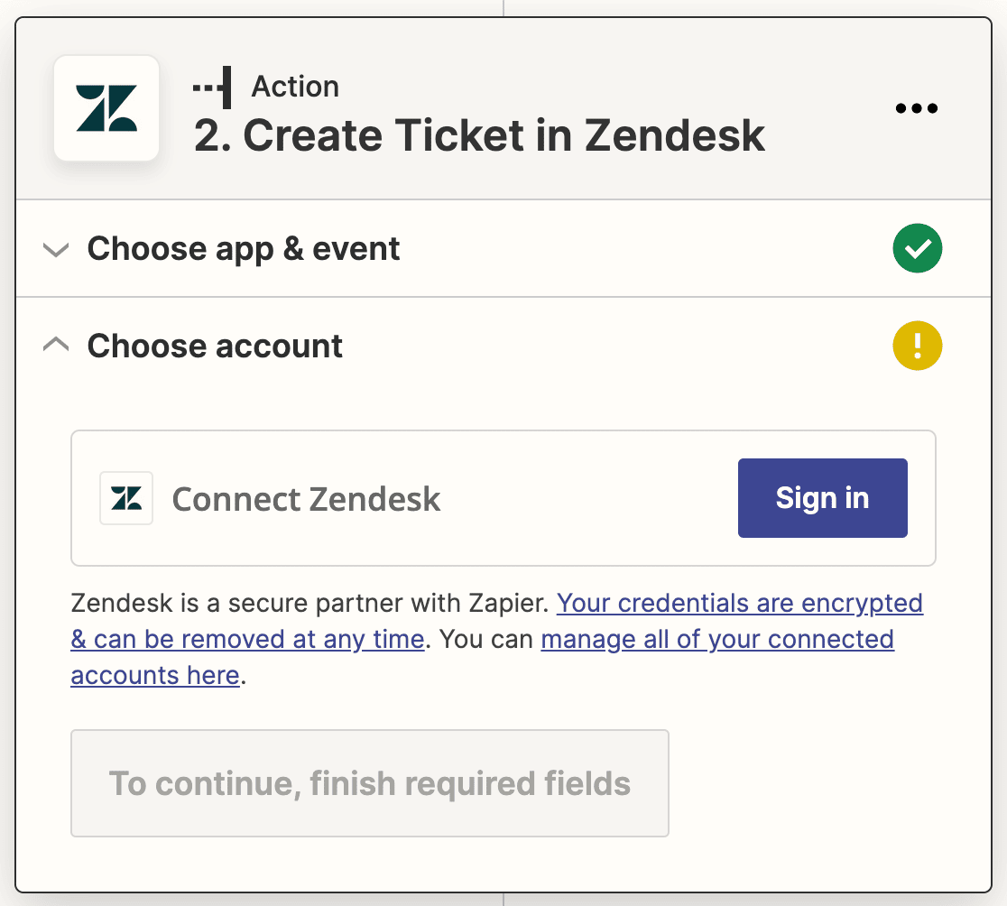 Signing in to connect Zendesk to Zapier