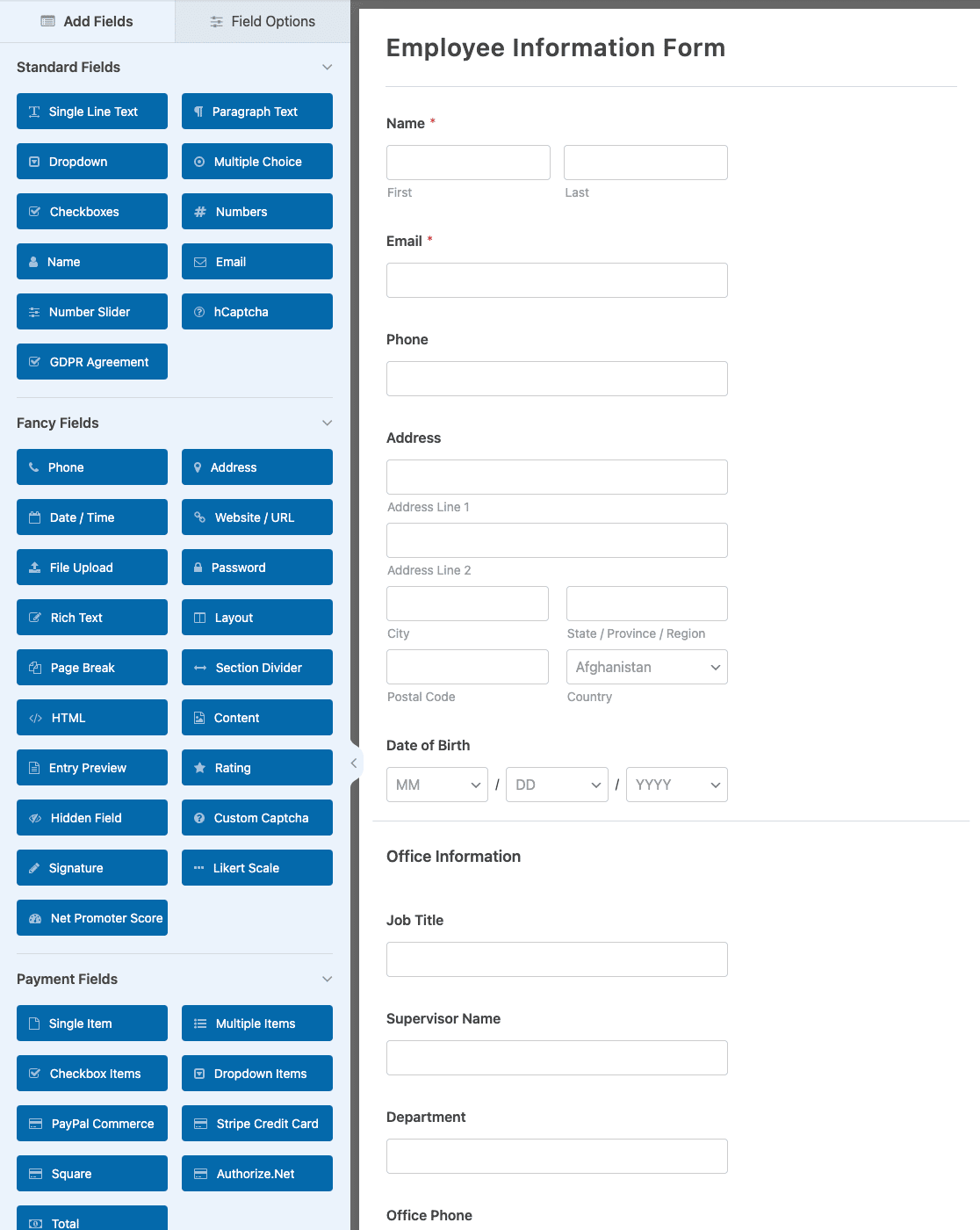 Customizing the Employee Information Form template