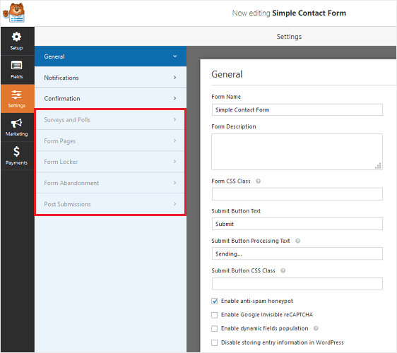 inactive wpforms features