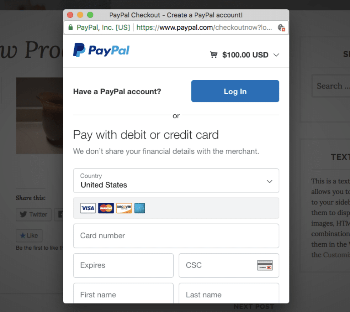 Jetpack simple pay button checkout window