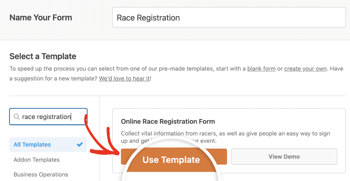 Selecting the Race Registration Form template