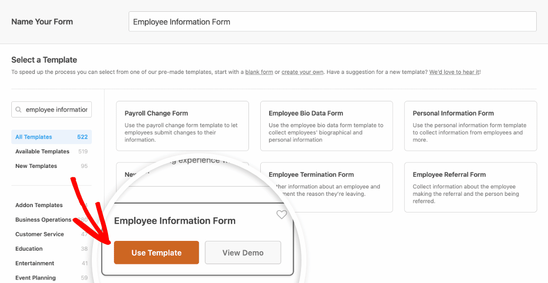 Selecting the Employee Information Form template