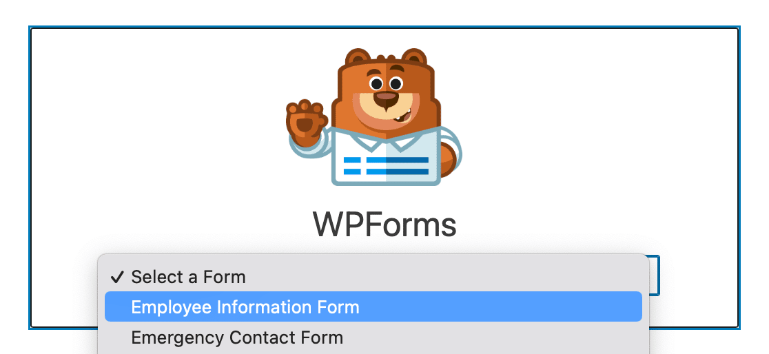 Selecting your employee information form from the WPForms block