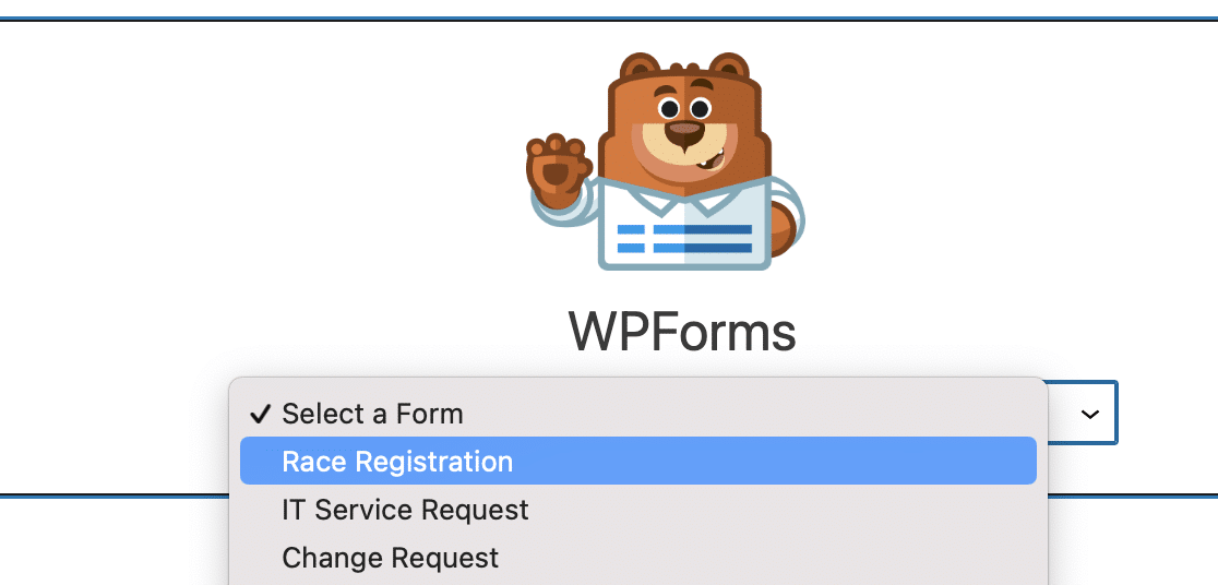 Choosing your race registration form the WPForms block