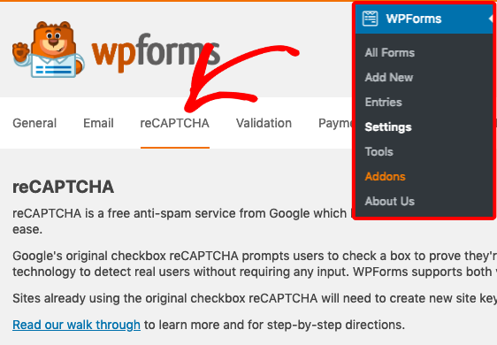 Open reCAPTCHA settings in WPForms