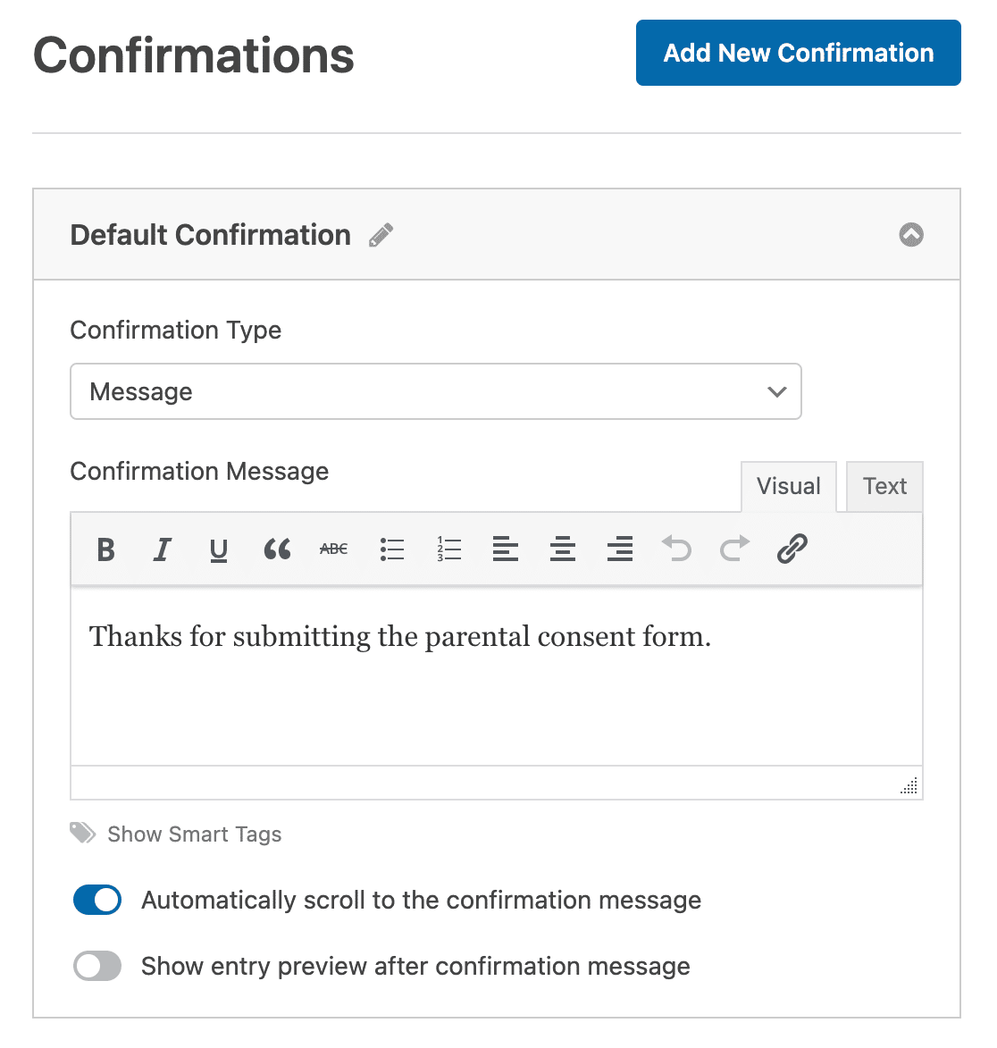 Customizing the confirmation message for a parental consent form