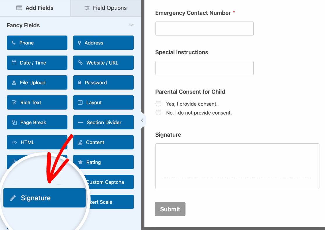 Adding a Signature field to a parental consent form