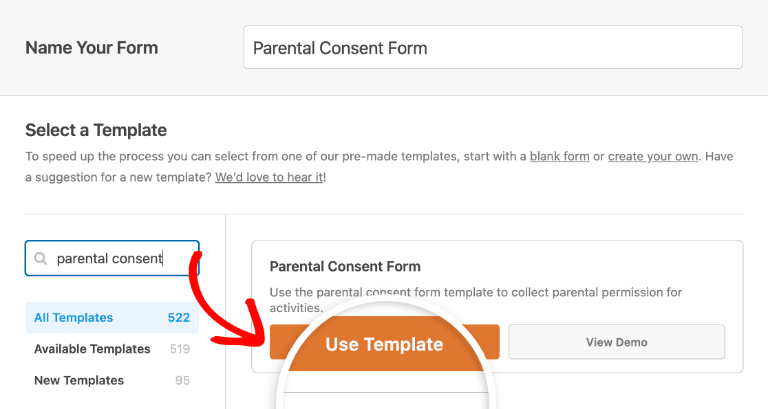 Selecting the Parental Consent Form template