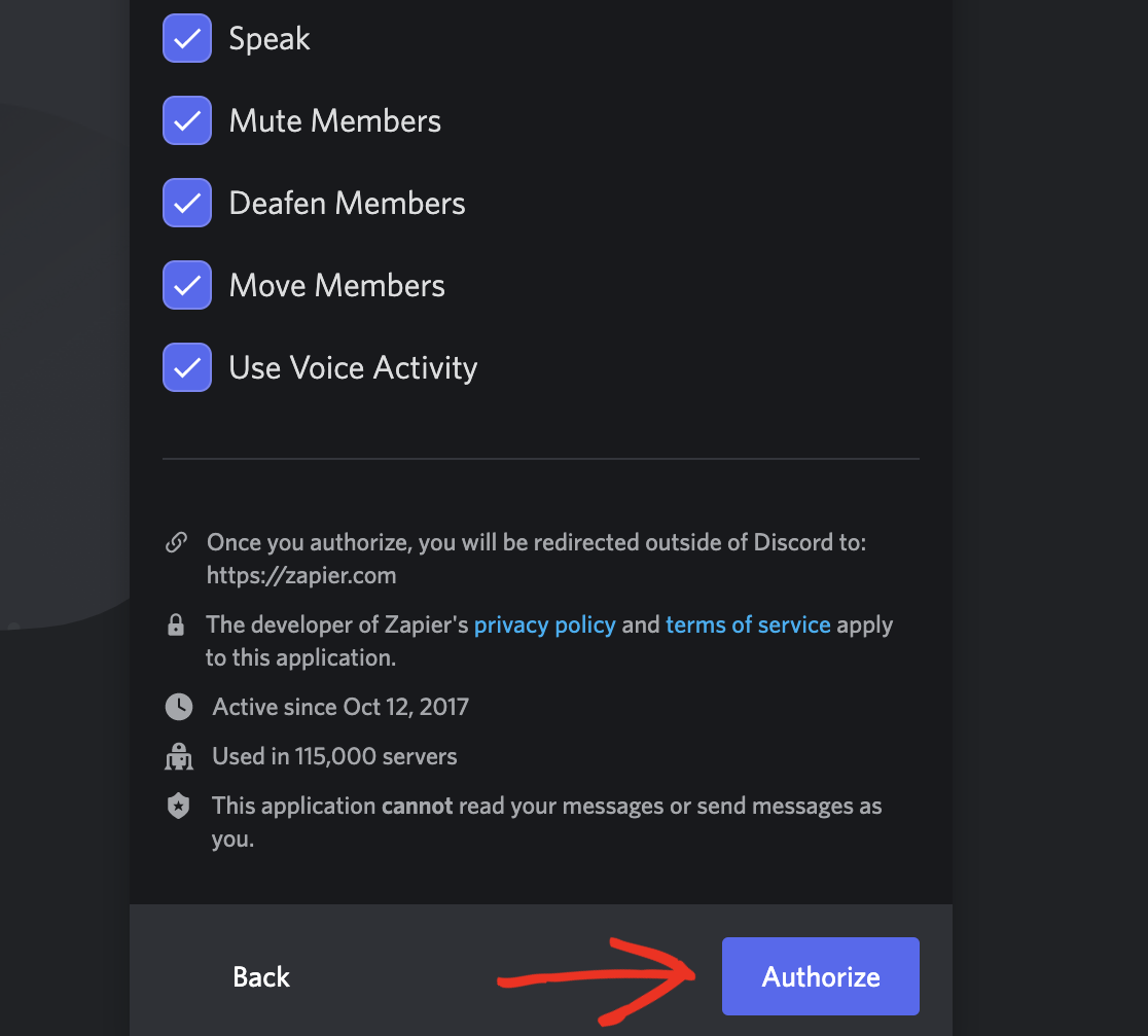 Allowing Zapier to access your Discord account