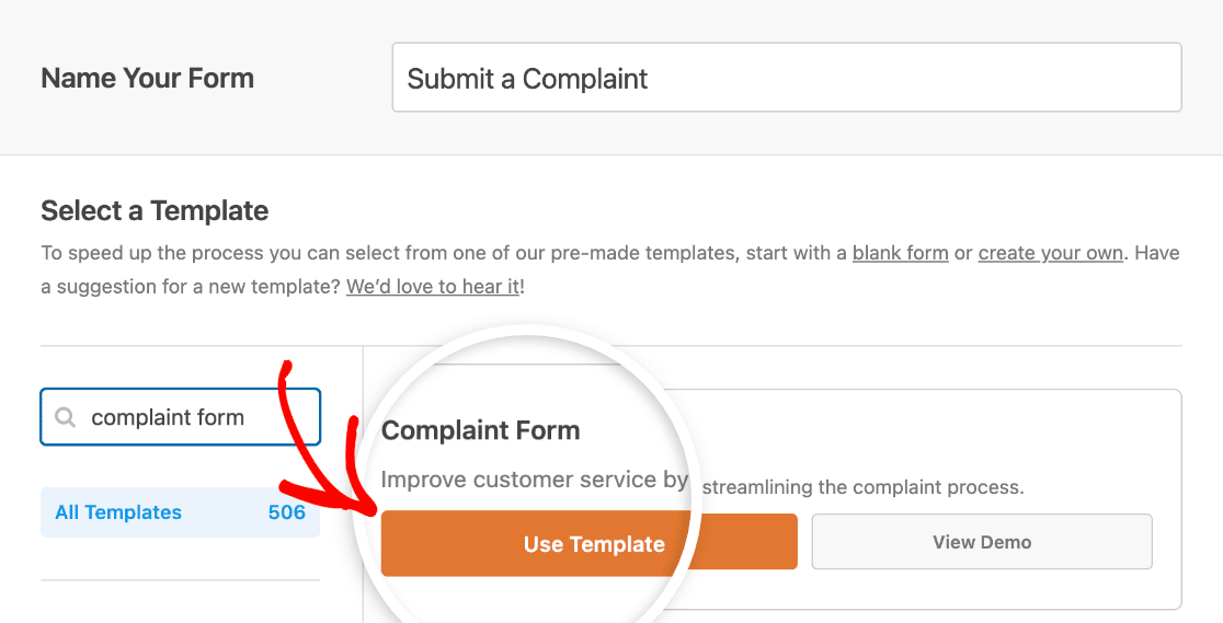 Selecting the Complaint Form template