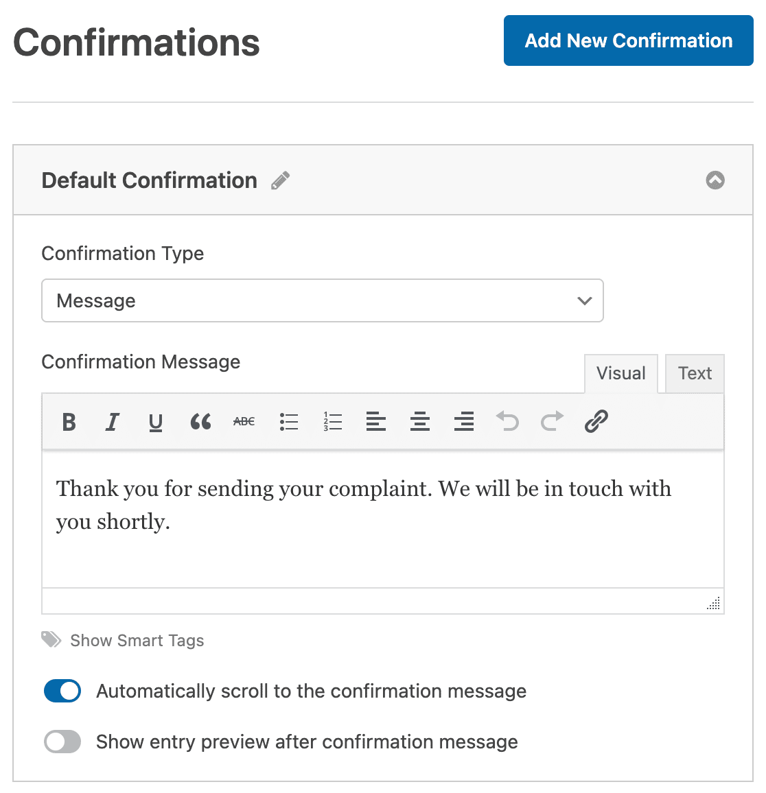 Customizing the complaint form confirmation message