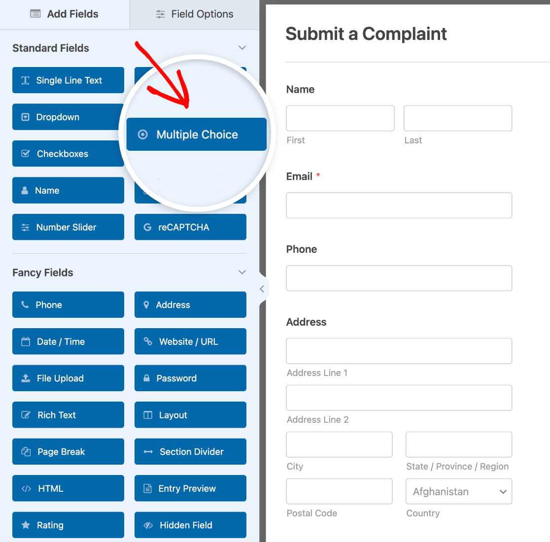 Adding a Multiple Choice field to a complaint form
