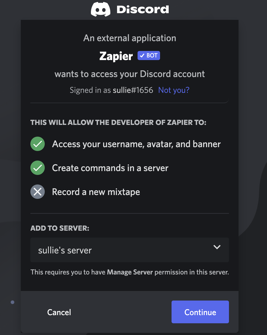 Choosing which Discord server to connect to Zapier