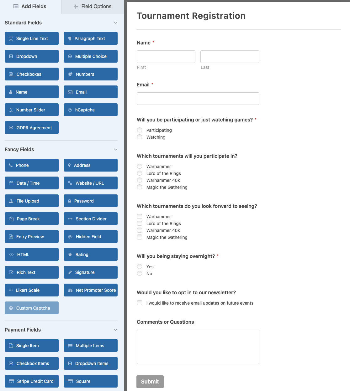 Editing the Gaming Tournament Registration Form template