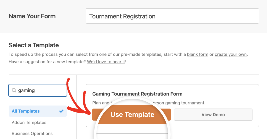 Selecting the Gaming Tournament Registration Form template