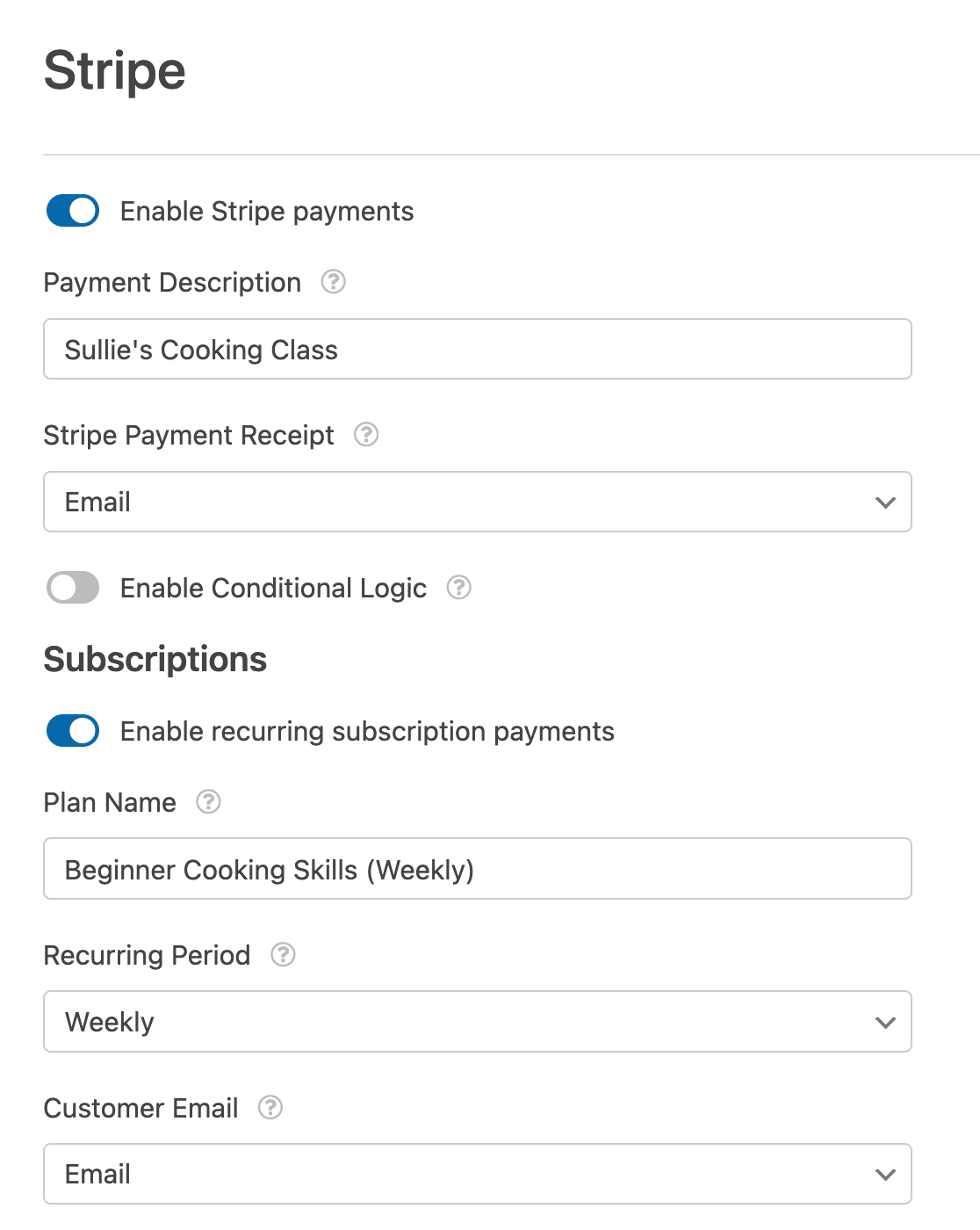 Recurring payments settings for Stripe