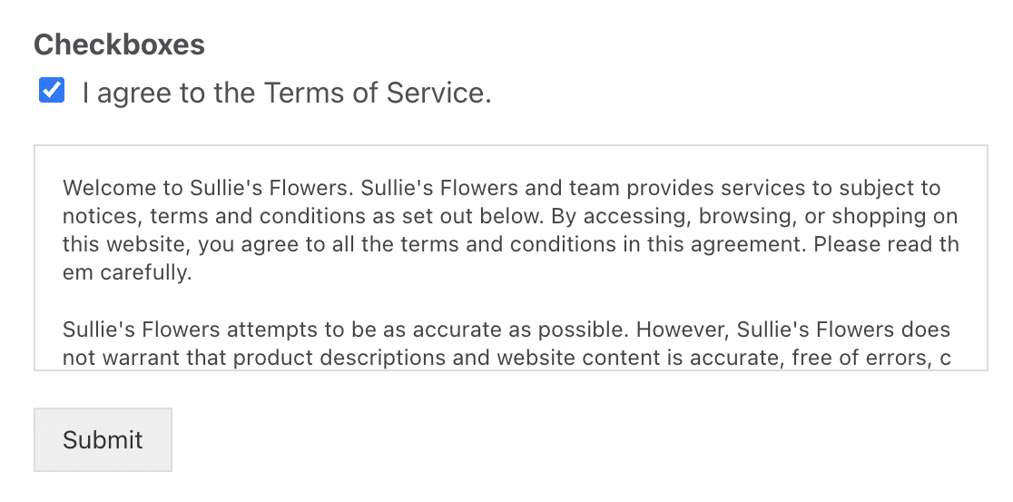 A terms of service checkbox