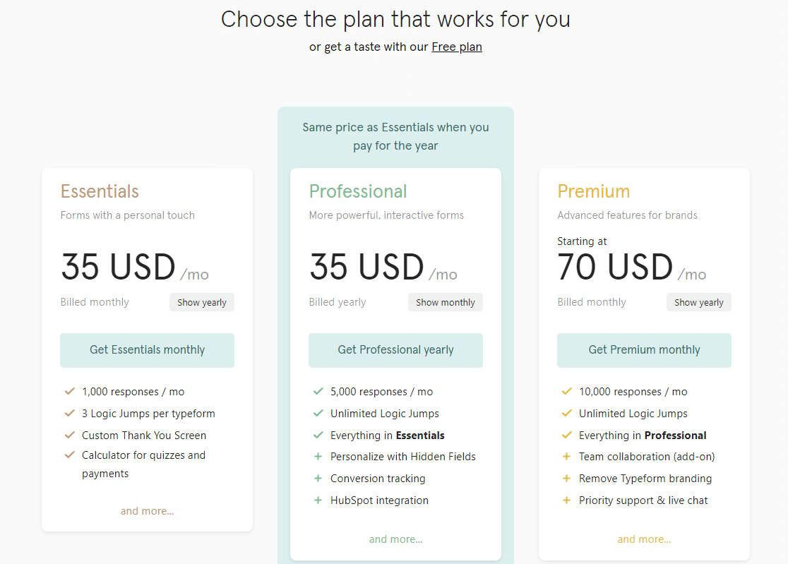 Typeform pricing plans