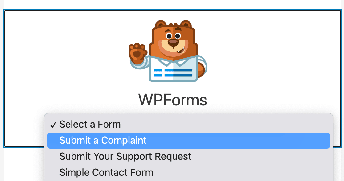 Selecting your complaint form from the WPForms block
