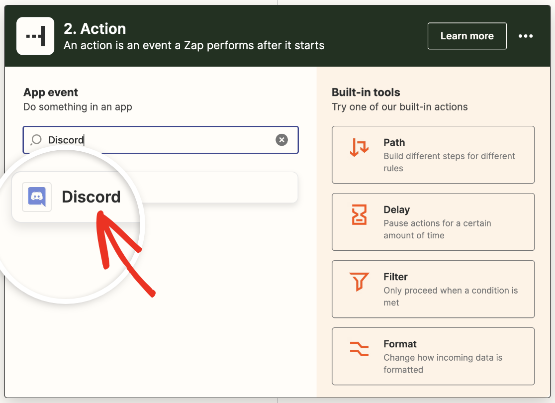 Choosing Discord as your action app in Zapier