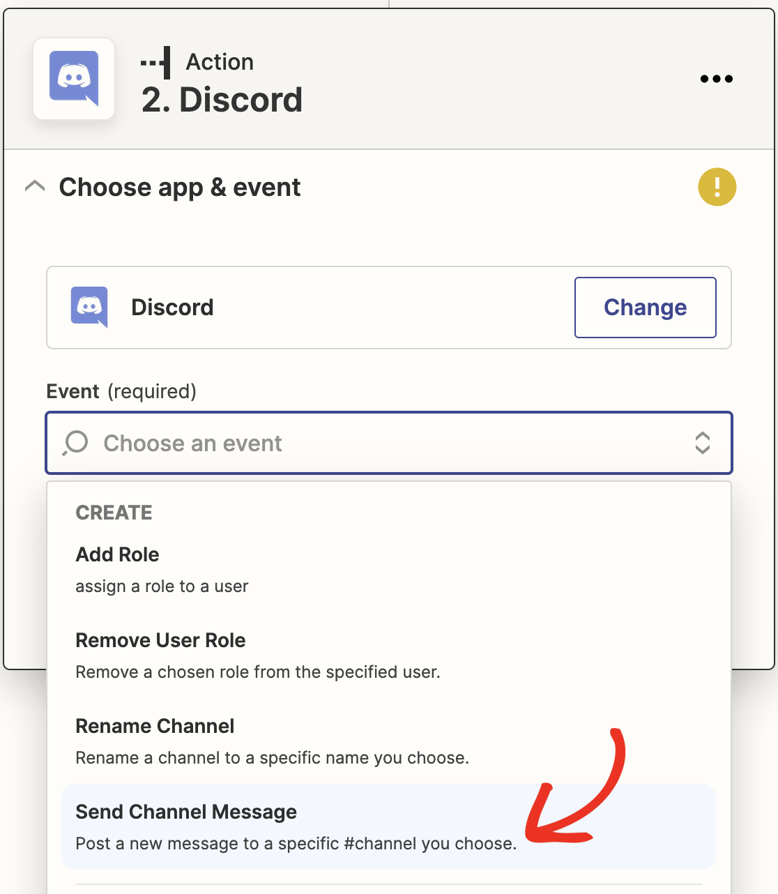 Selecting Send Channel Message as the action event in Zapier
