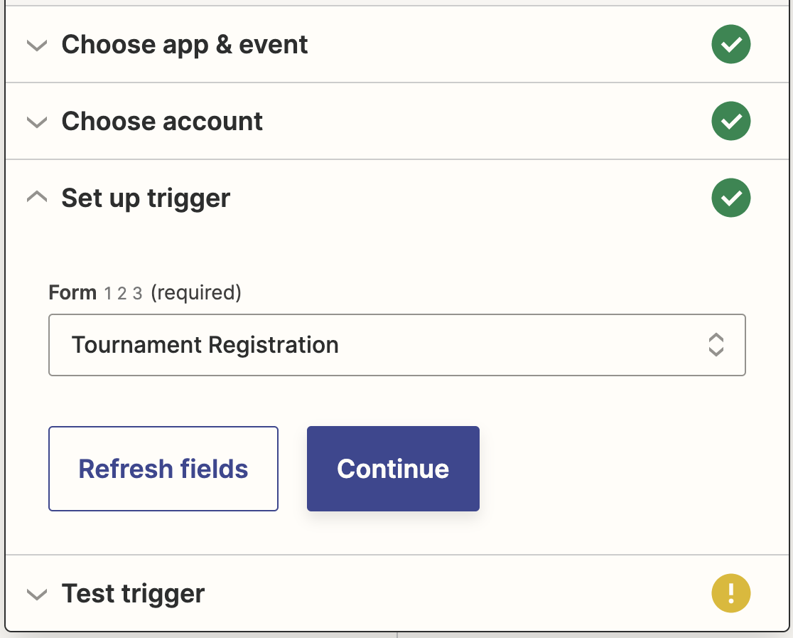 Selecting your Gaming Tournament Registration form to connect to Zapier