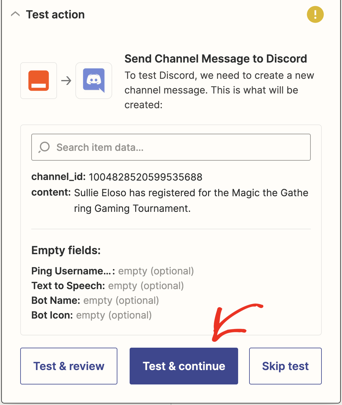 Testing your Zapier connection to Discord