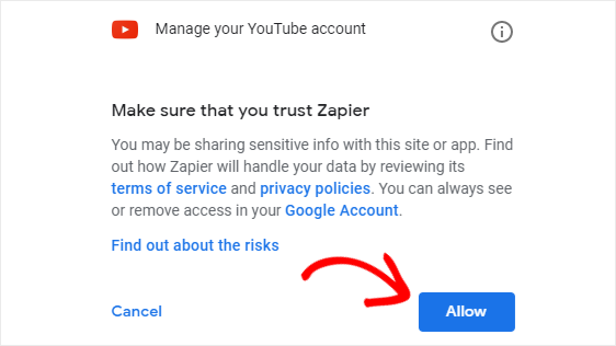 Allow permission to Zapier to upload videos to YouTube