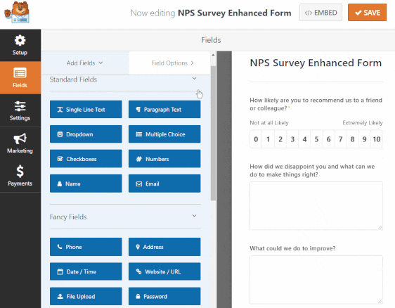 how to create nps survey form in WordPress enhanced template