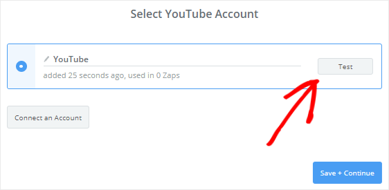 Test connection between Zapier and YouTube account