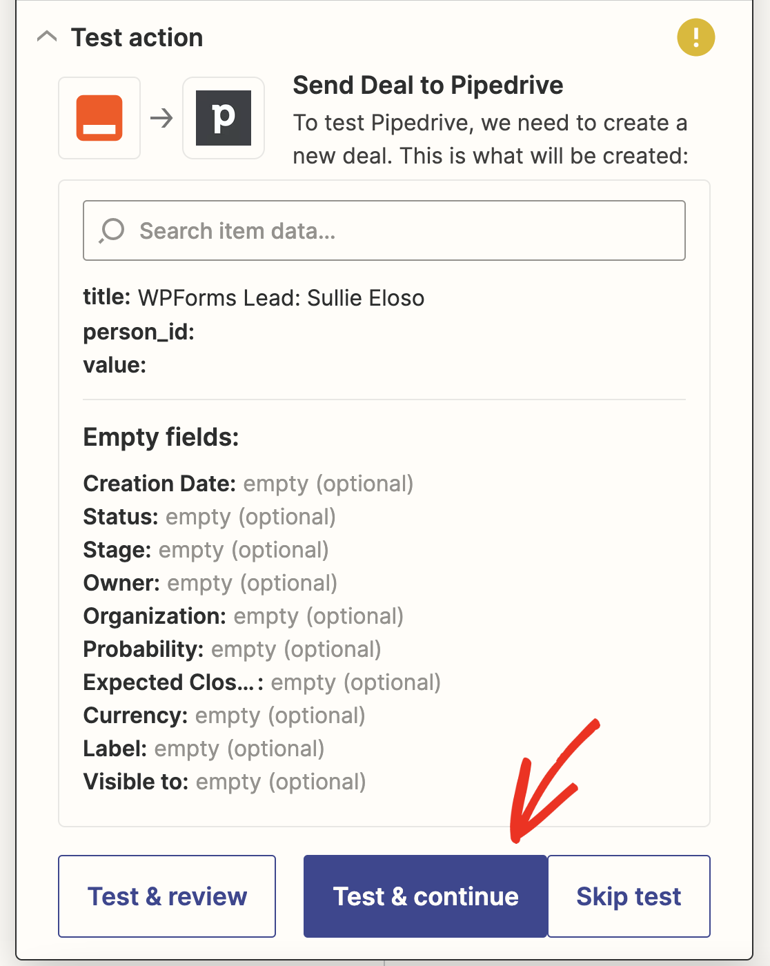 Testing your Pipedrive connection in Zapier
