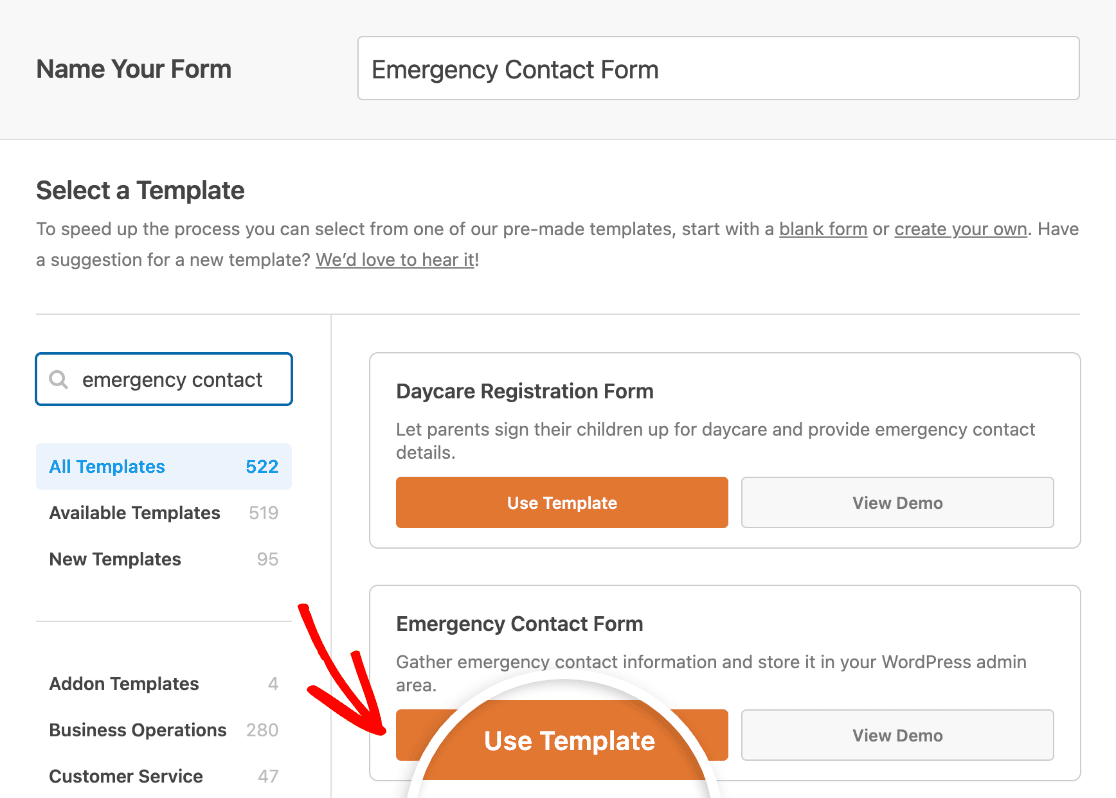 Selecting the Emergency Contact Form template