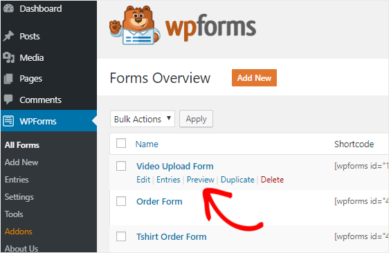 Video upload form preview option