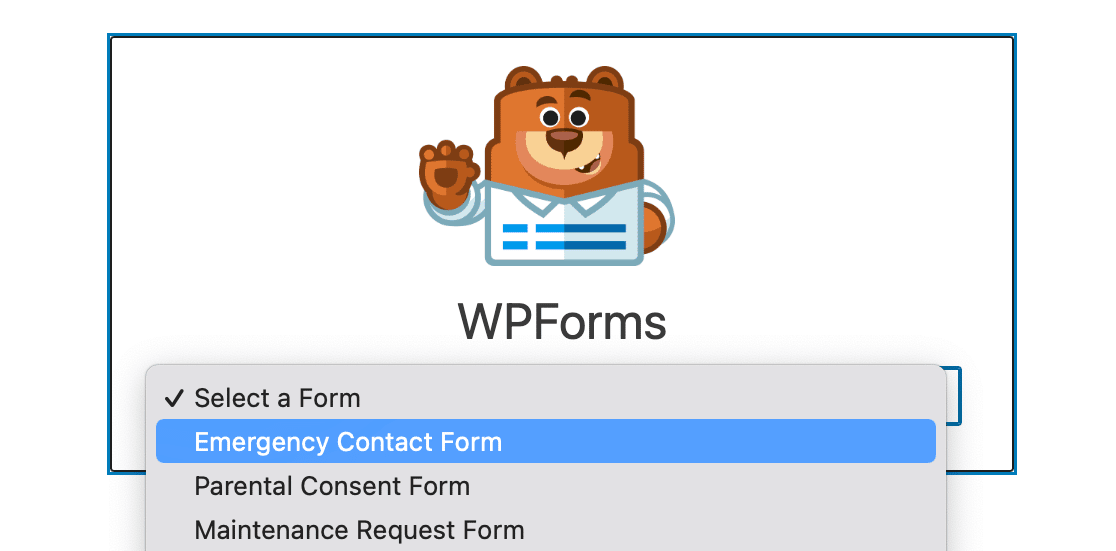 Selecting your emergency contact form from the WPForms block dropdown