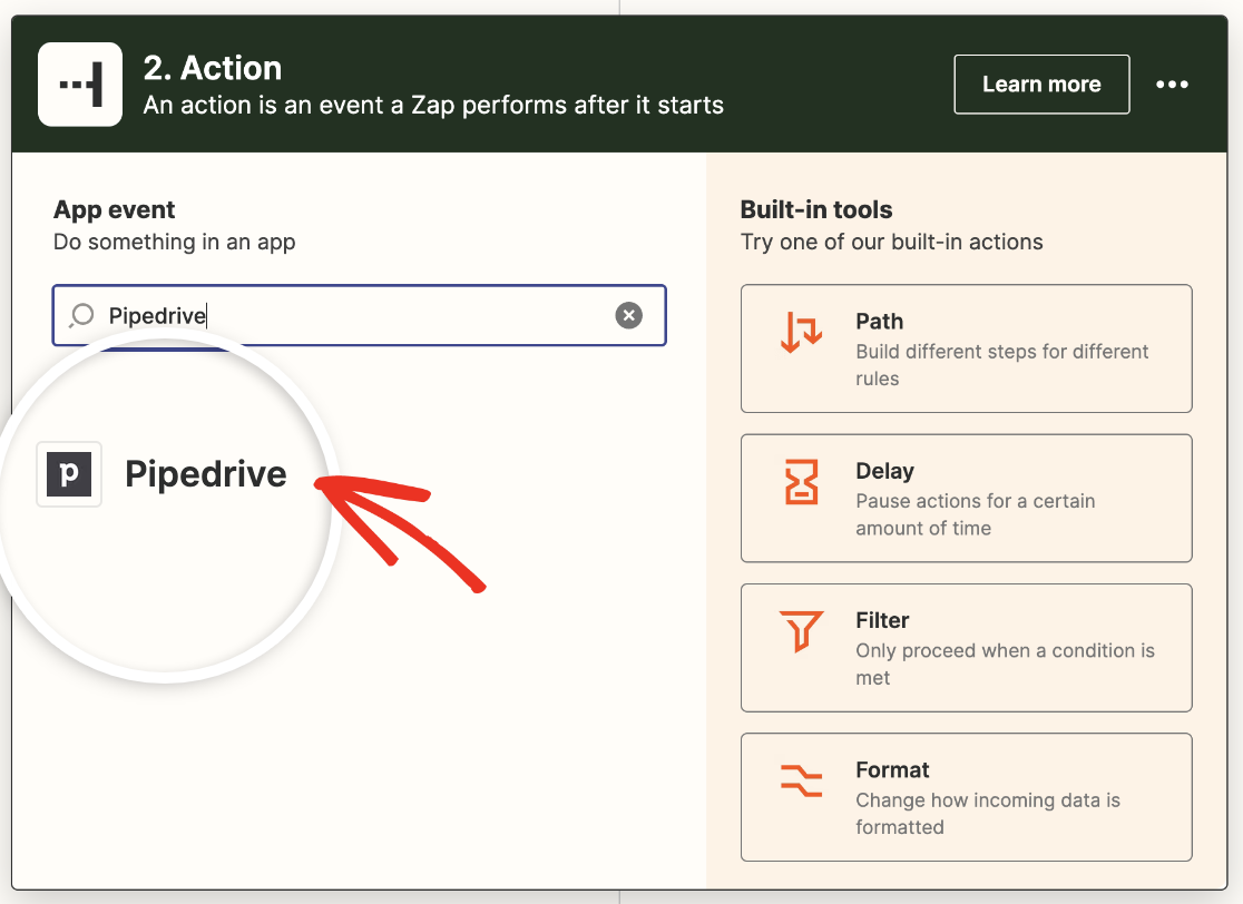 Selecting Pipedrive as the action app in Zapier