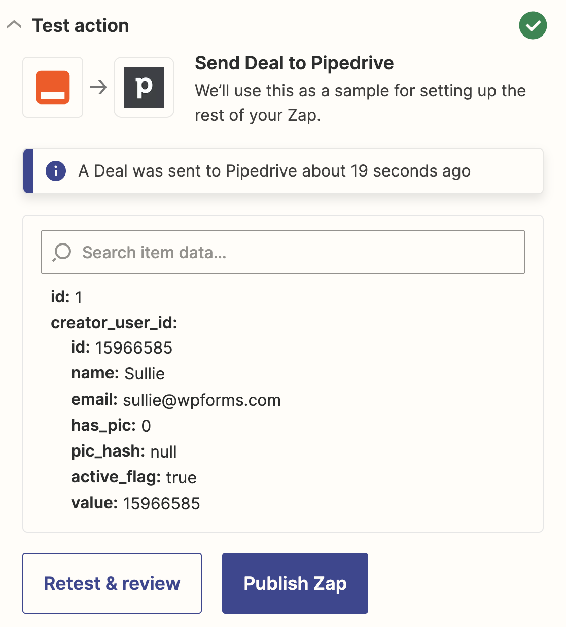 A successful Pipedrive connection in Zapier