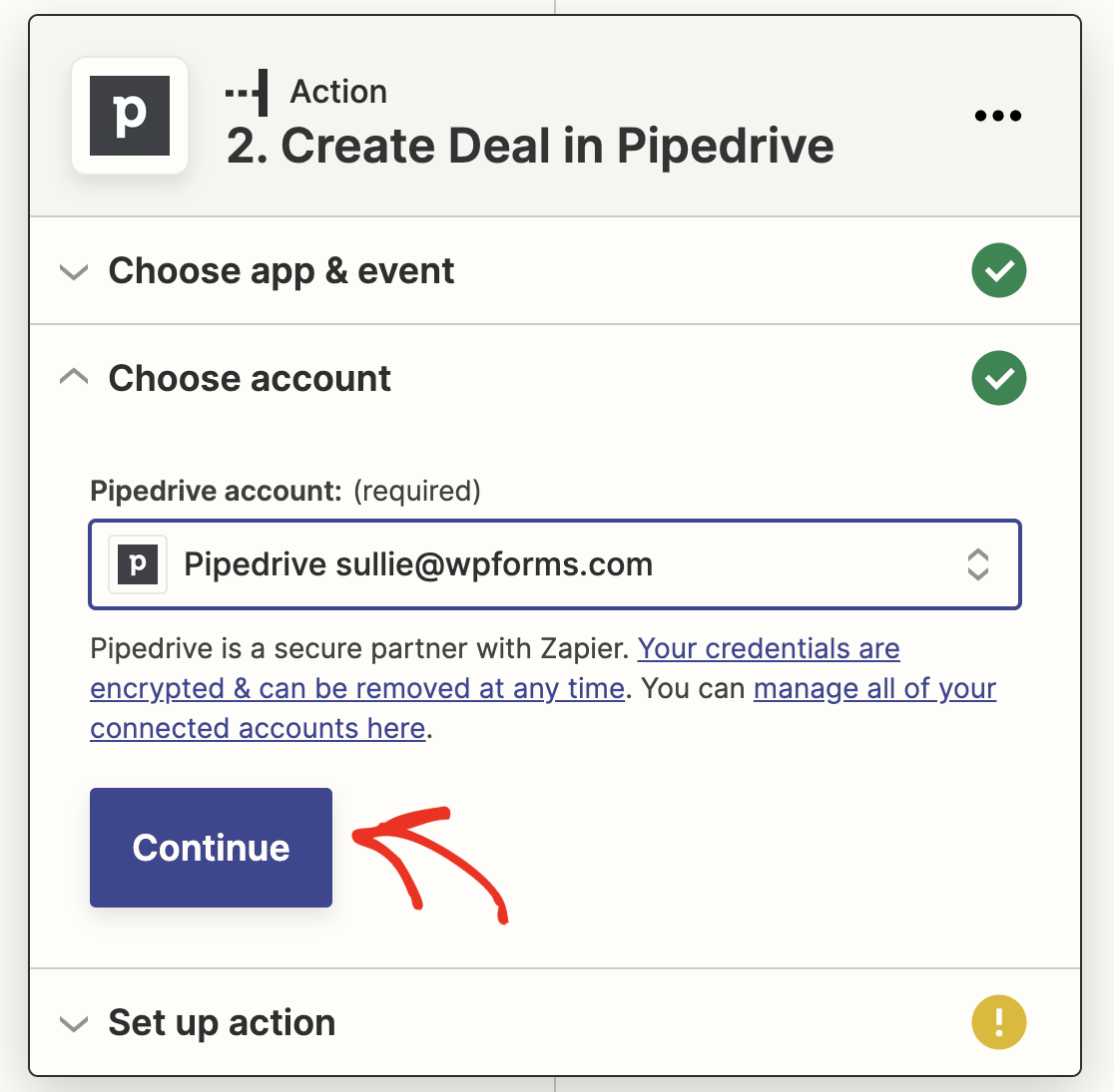 Continuing to the template setup step of connecting Zapier to Pipedrive