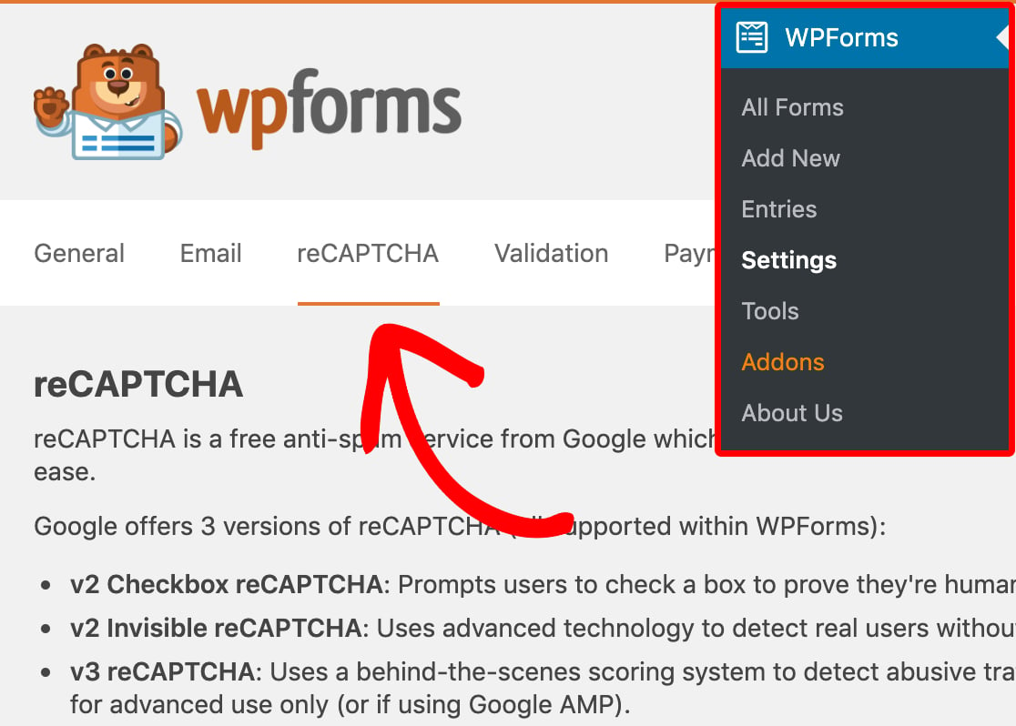 Open reCAPTCHA settings in WPForms