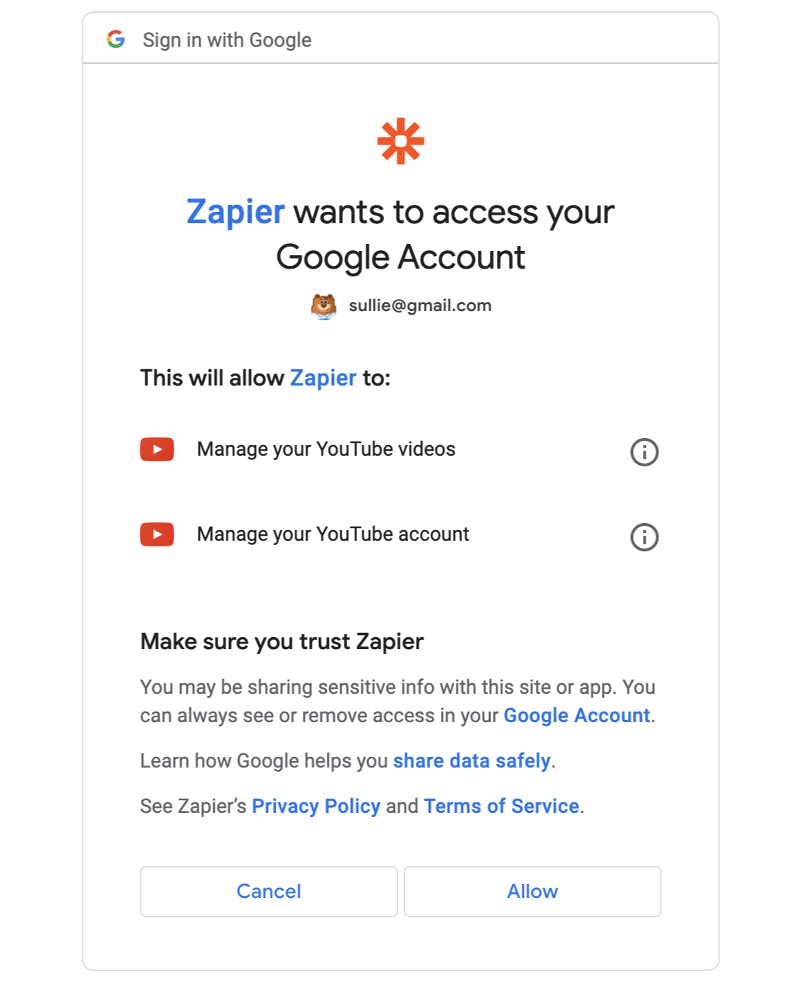 Allowing Zapier to access your YouTube account