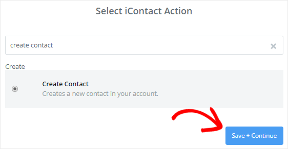 Choose Create Contact as iContact action